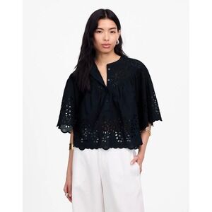 Madewell‎ Embroidered Shirred Henley Top Medium Black NWT
